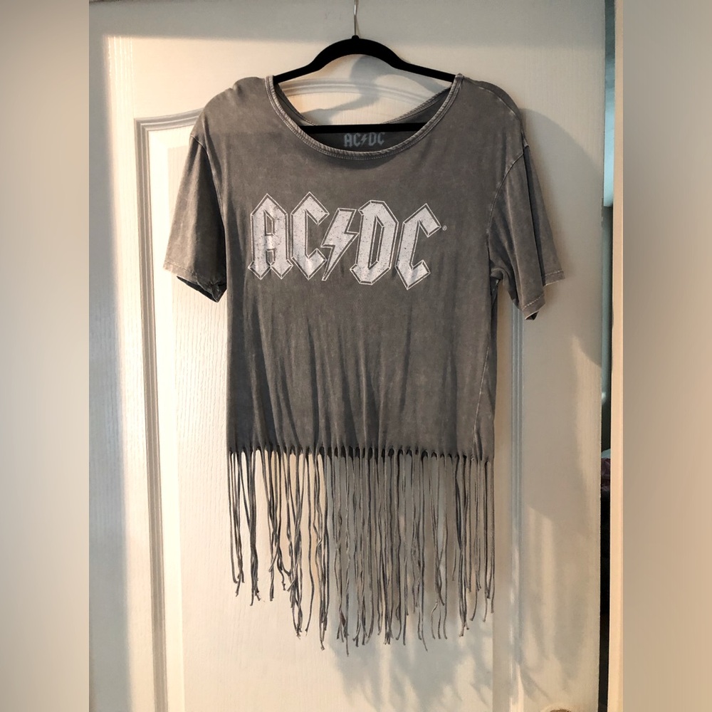 Grey cut off AC/DC t-shirt with fringe.